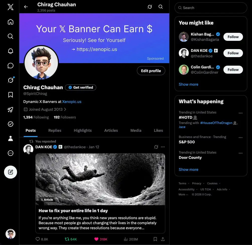 A Xenopic sponsor ad displayed on a real π profile banner
