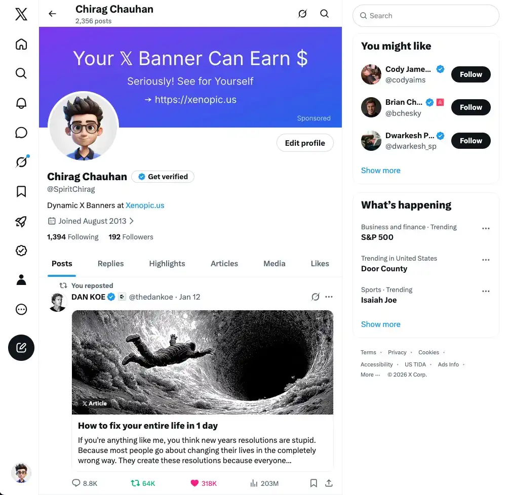 A Xenopic sponsor ad displayed on a real π profile banner